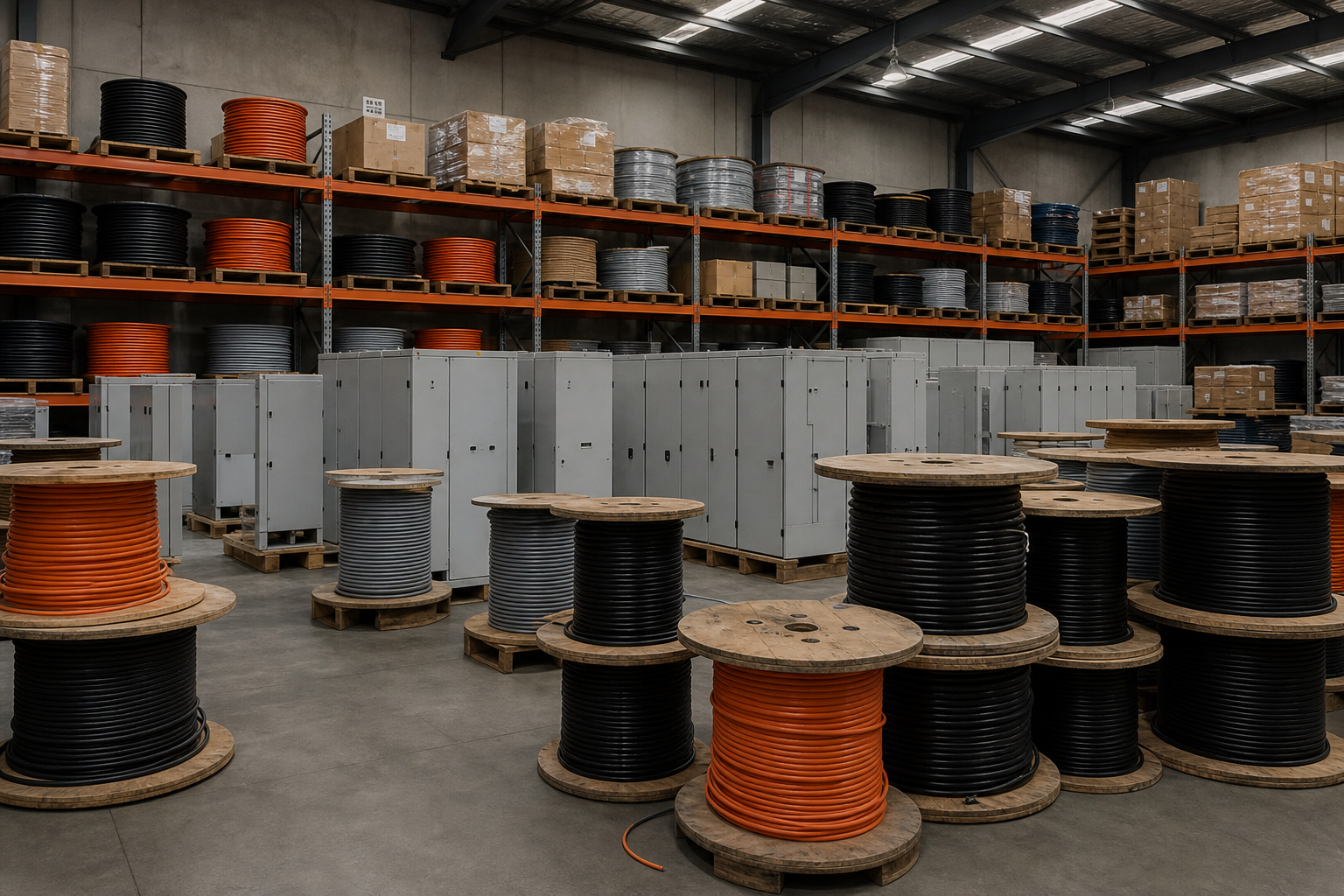 Structured row of industrial circuit breakers on din rail