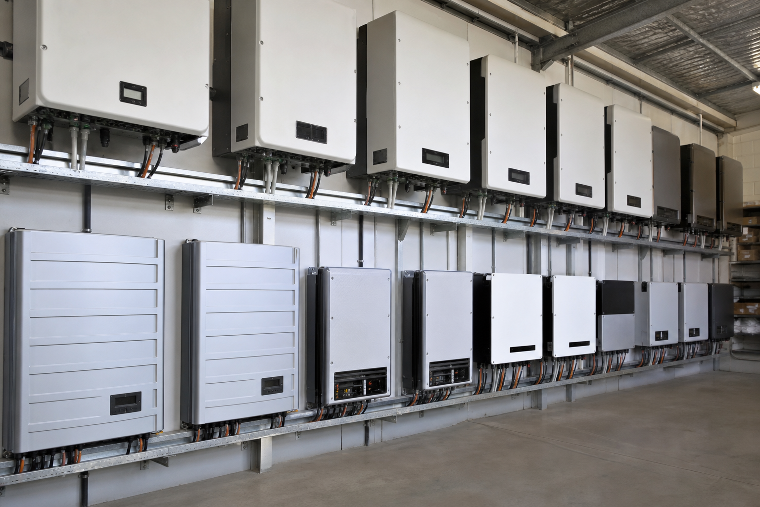 Multiple industrial solar inverters mounted on wall