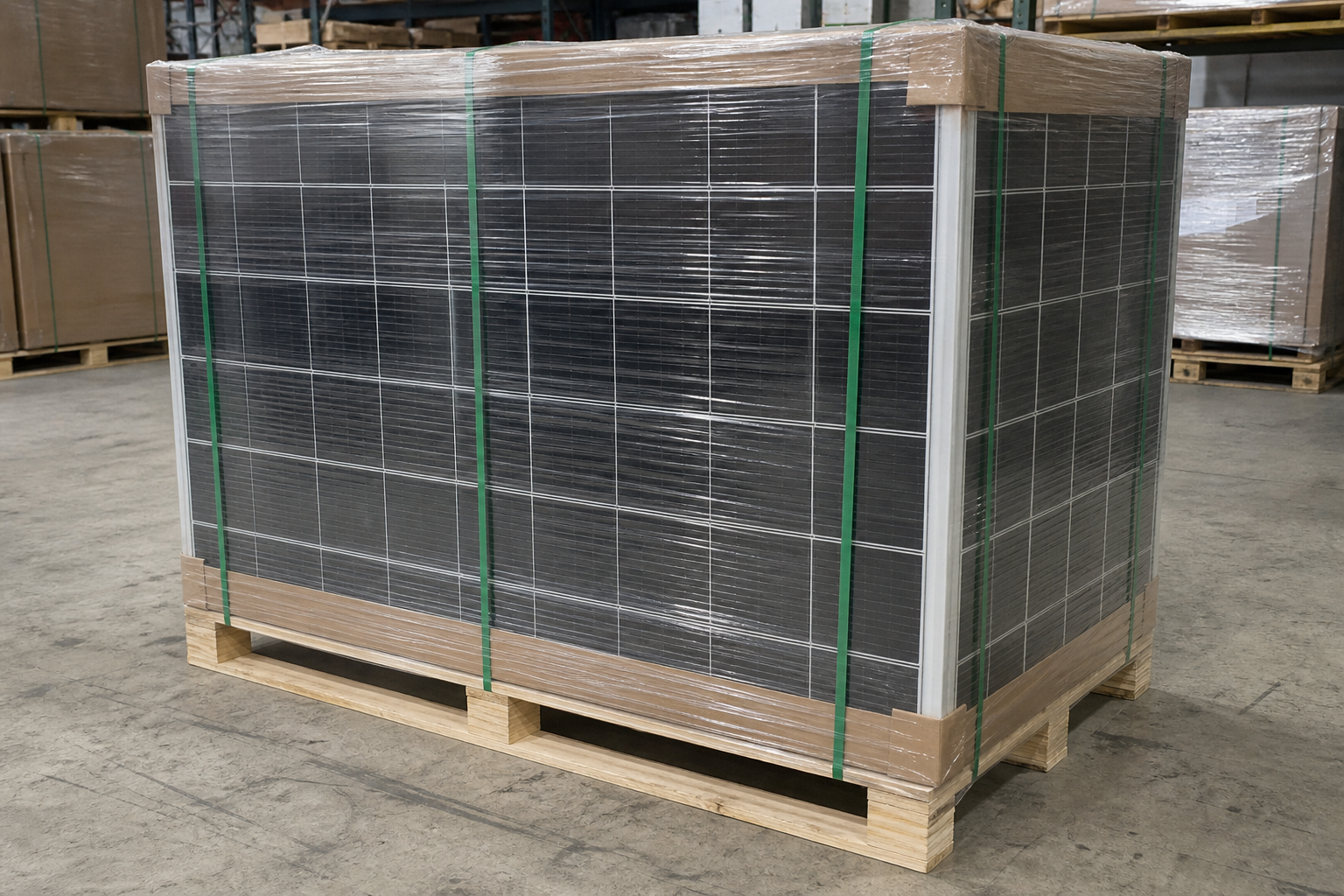 Commercial solar panel modules array closeup