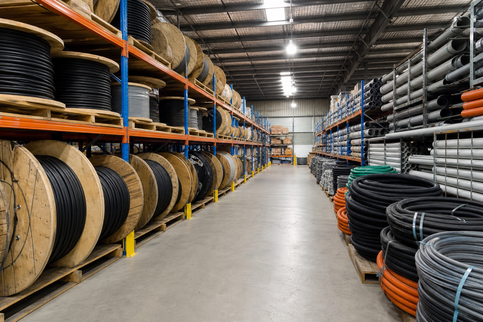 Heavy duty B2B electrical cabling rolls in logistics warehouse